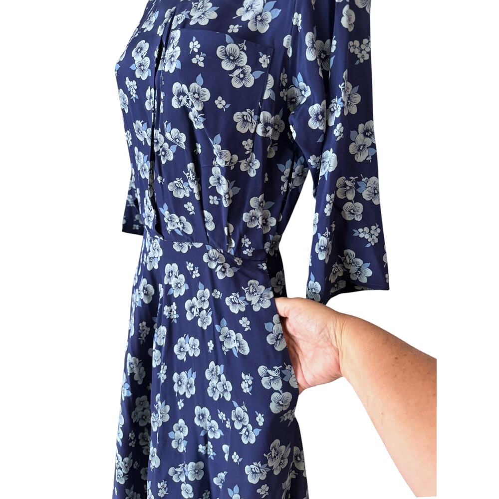 Ralph Lauren Y2K Silk Floral Midi Dress Women’s 4 Navy Button Front 3/4 Sleeve - Picture 7 of 9